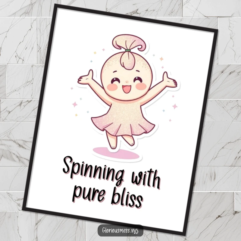 Funny Digital Art Print: Happy character covered in glitter spinning with arms outstretched, a downloadable piece of funny art.