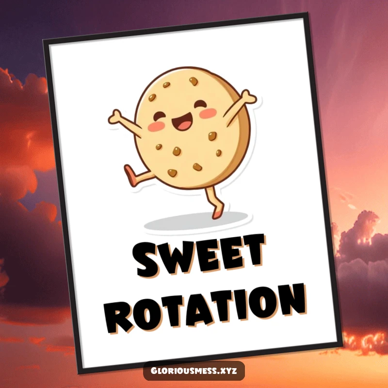 Funny digital art print of a happy, lopsided cookie enthusiastically performing a cartwheel, perfect for instant sweet decor.