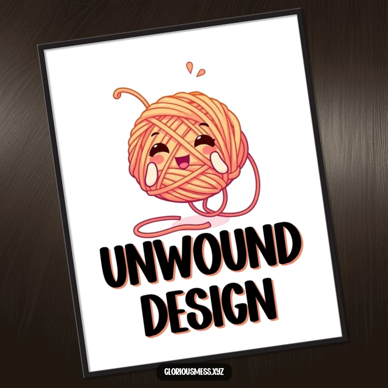 Funny digital art print of a tangled yarn ball character unwinding itself with glee, celebrating crafting and playful creativity.