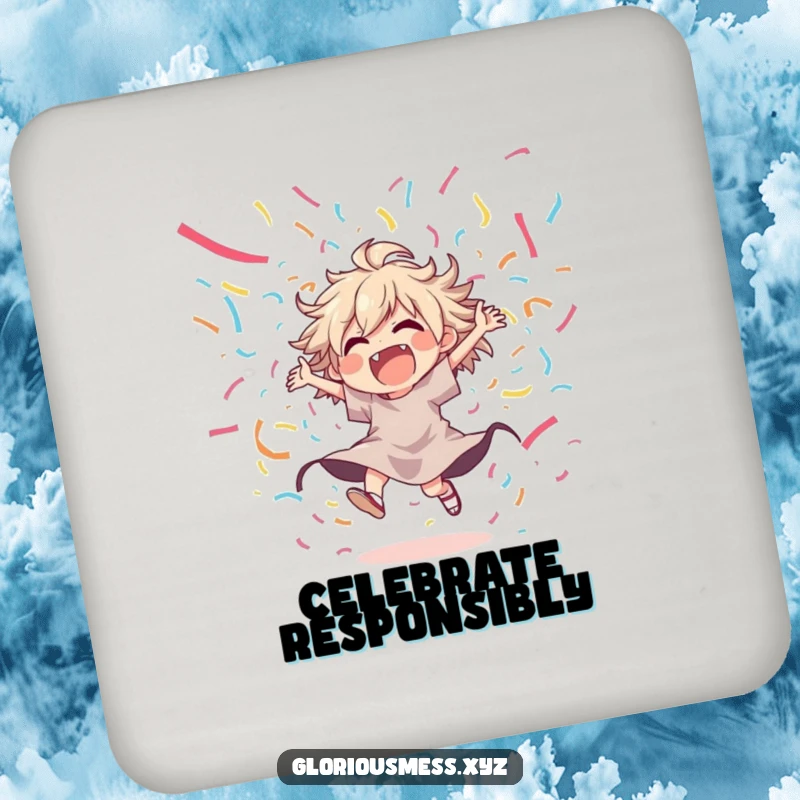 Funny coaster featuring a joyful, disheveled character dancing wildly amidst a cascade of colorful streamers, perfect for party tables.