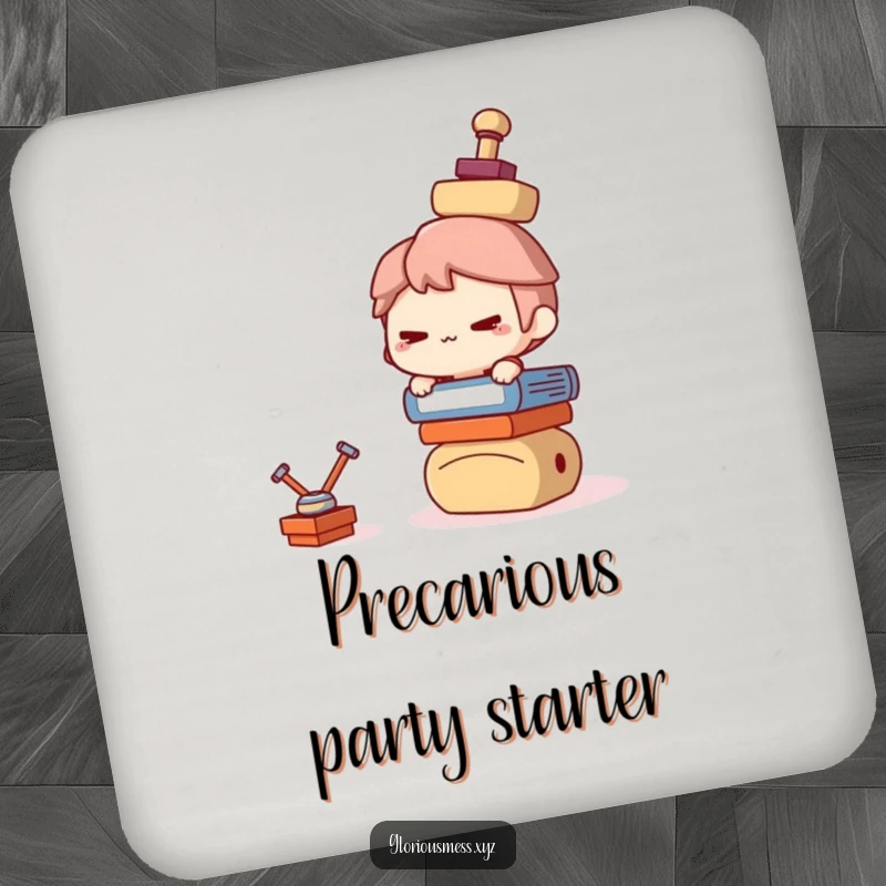 Funny Drink Coaster: Mischievous character balancing drinks, protecting tables with humor, a funny gift.