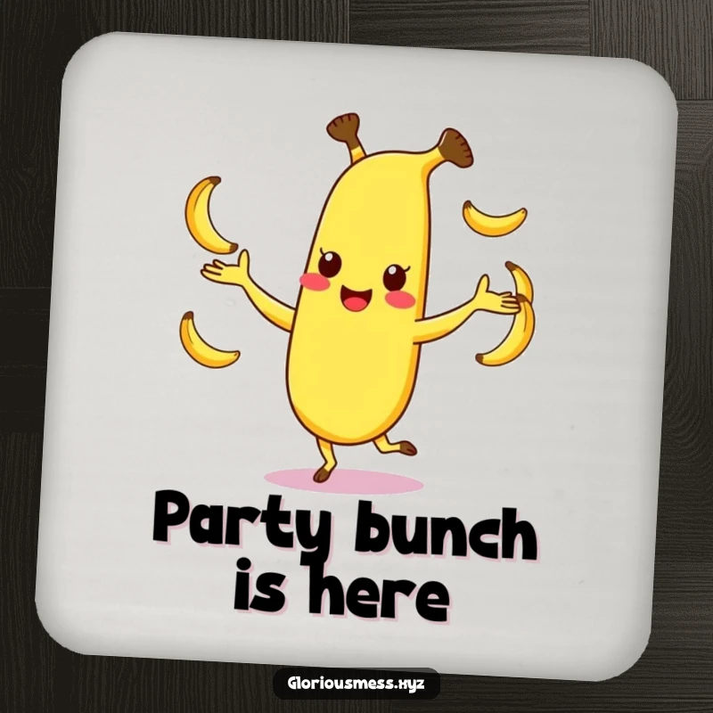 Funny banana coasters featuring a happy, dancing character juggling smaller bananas, protecting surfaces with humor, perfect funny gift.