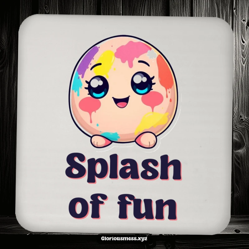 Funny coaster featuring a cheerful blob character, completely covered in colorful paint, adding artistic and humorous flair to tables.