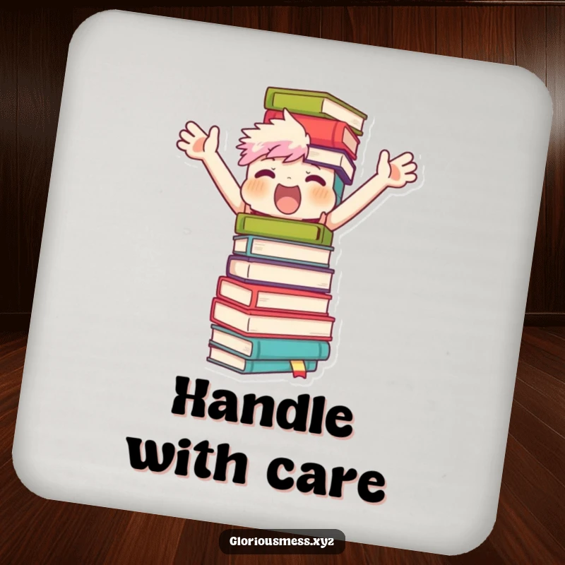 Funny drink coaster with a character arms flailing, trying to keep a tall stack of books from toppling, adding a literary joke to your table.