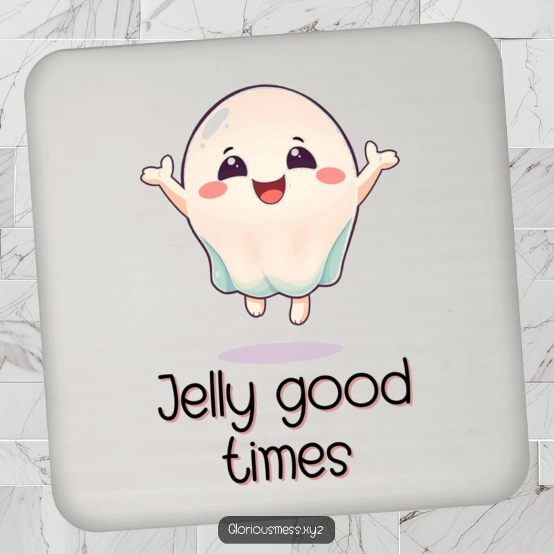 Funny drink coaster featuring a bouncing jelly character spreading joy, adding humorous protection with a happy vibe.