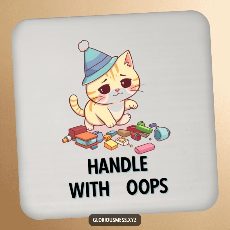 Funny coaster featuring a confused cat wearing a silly hat, tripping over scattered items, adding humor to table settings.