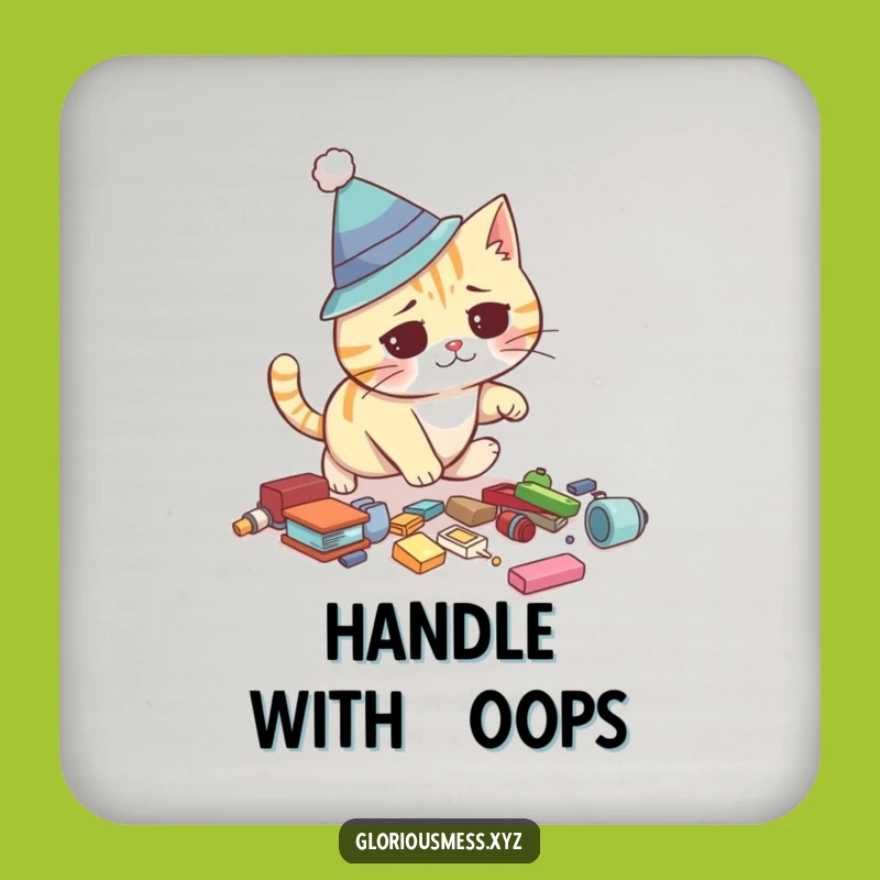 Funny Cat Coaster: Protect surfaces with a silly hat cat's clumsy moment