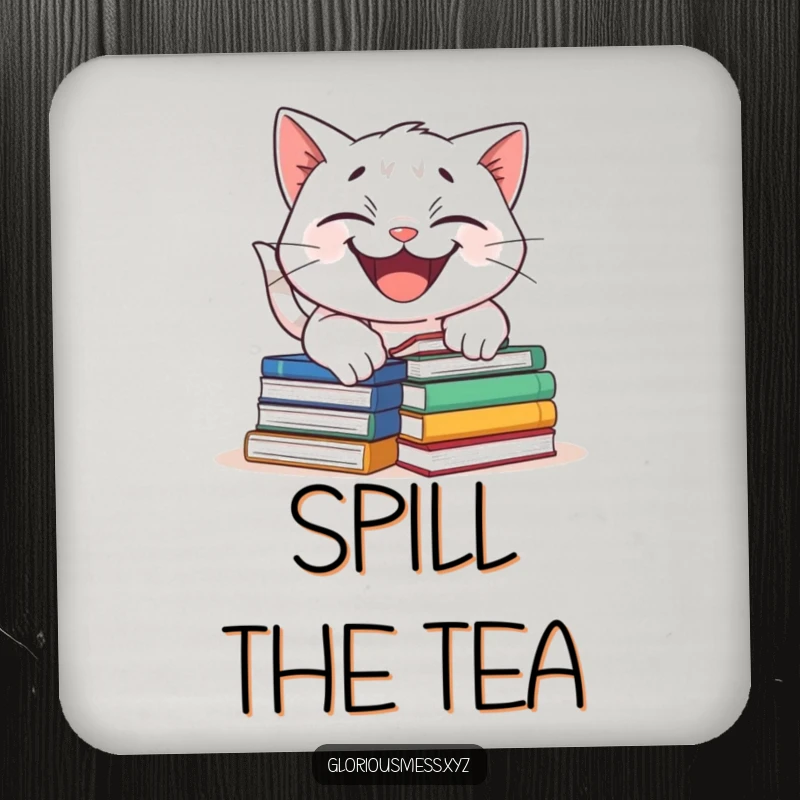 Funny drink coaster showing a mischievous cat tripping over books, ideal for protecting surfaces with a dose of humor.