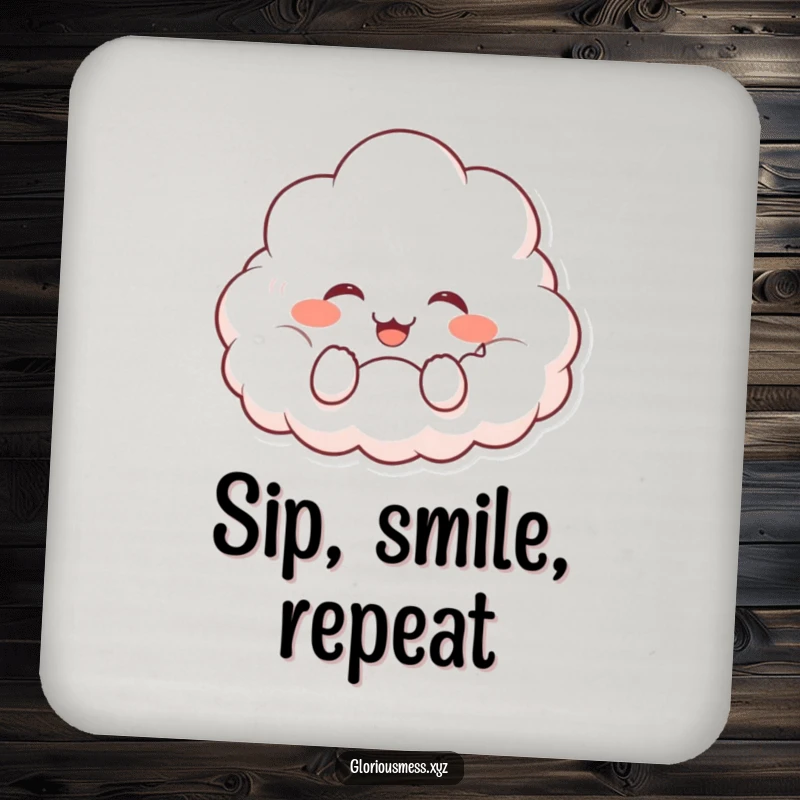 Funny drink coaster featuring a fluffy cloud character giggling uncontrollably, adding a touch of joy and surface protection.