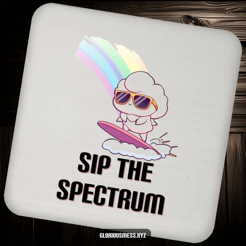 Funny drink coasters featuring a cloud in sunglasses surfing a rainbow, adding a humorous and protective touch to tabletops.