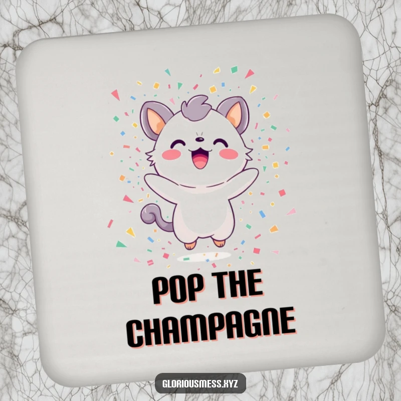 Funny Drink Coasters showcasing a delighted creature in a vibrant confetti explosion, protecting surfaces with humor.