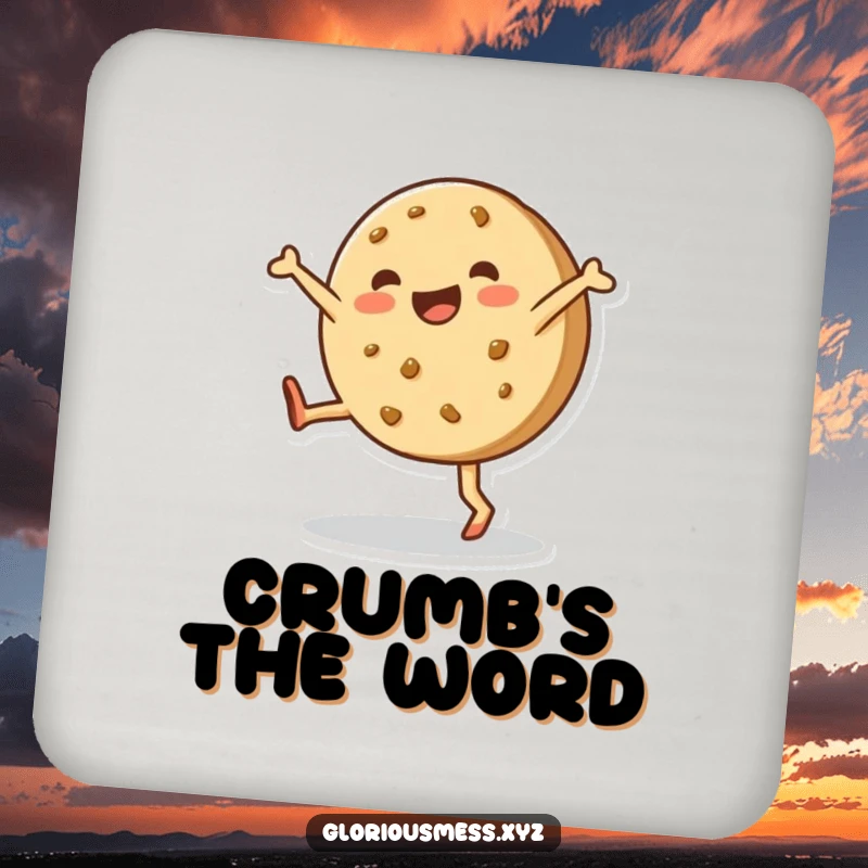 Funny drink coaster showcasing a happy, lopsided cookie joyfully performing a cartwheel, adding a sweet touch to drinks.