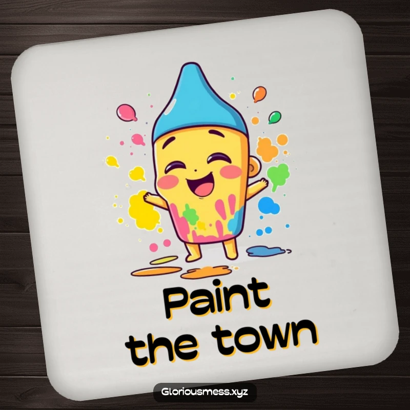 Funny drink coaster showcasing a giggling crayon character joyfully smearing colorful paint, adding artistic flair to drinks.