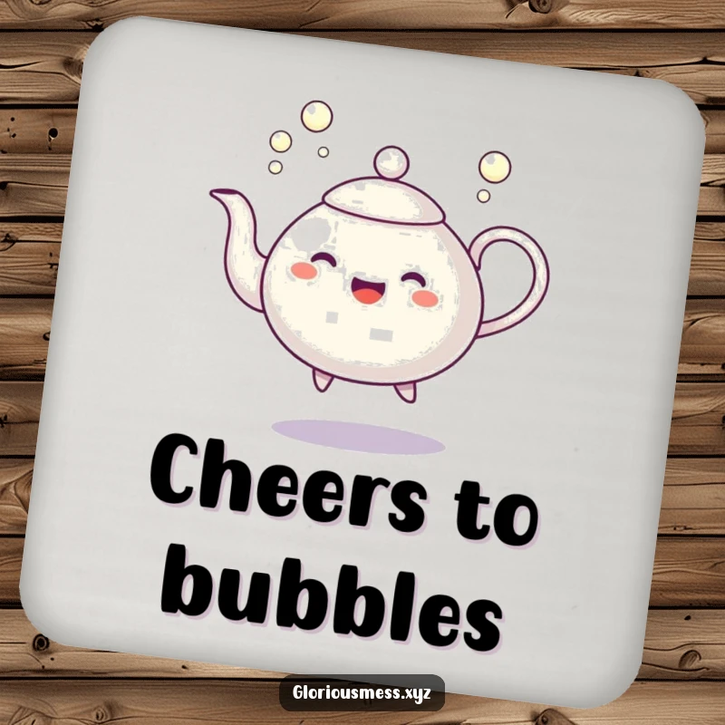 Funny drink coaster featuring a dancing teapot character spilling cheerful bubbles, adding a touch of joy and surface protection.