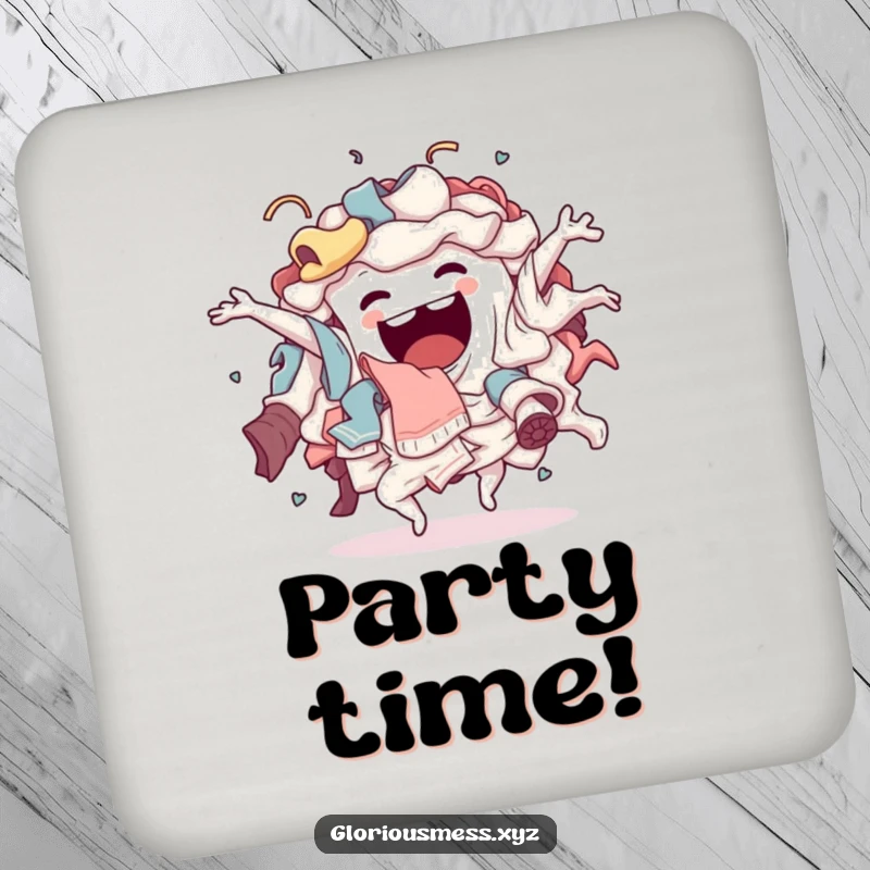 Funny Coaster: A sentient pile of laundry humorously doing a wild, energetic, chaotic dance, protecting surfaces with humor.