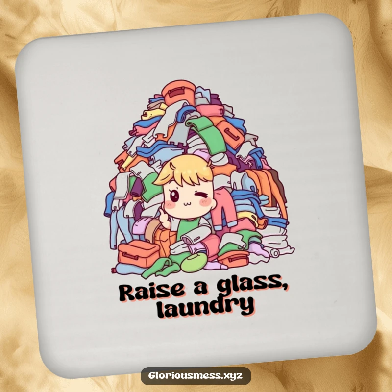 Funny Drink Coaster: Character with a knowing wink points to a laundry pile, protecting tables with humor, a funny gift.
