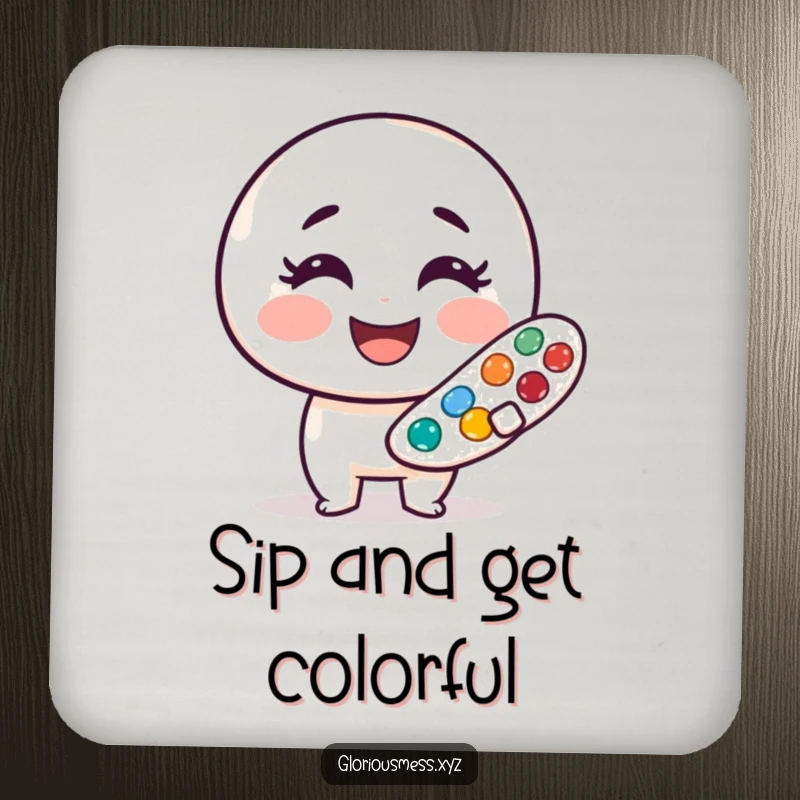 Funny paint palette coasters with a cheerful, smudged character, protecting surfaces with artistic flair, perfect funny gift.