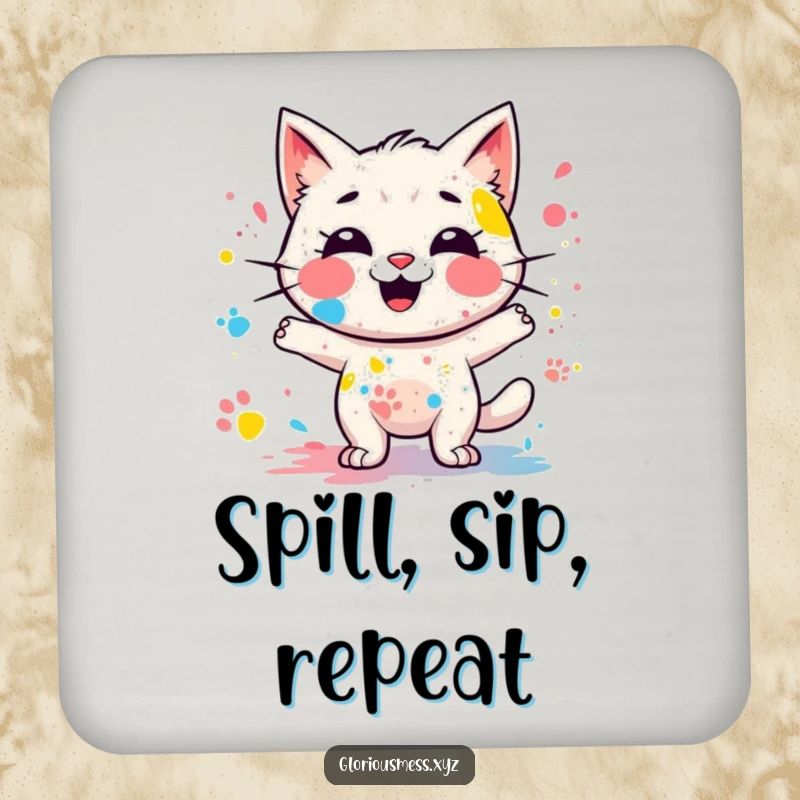 Funny paint splatter coasters featuring a giggling character leaving colorful paw prints, protecting surfaces with humor, perfect funny gift.