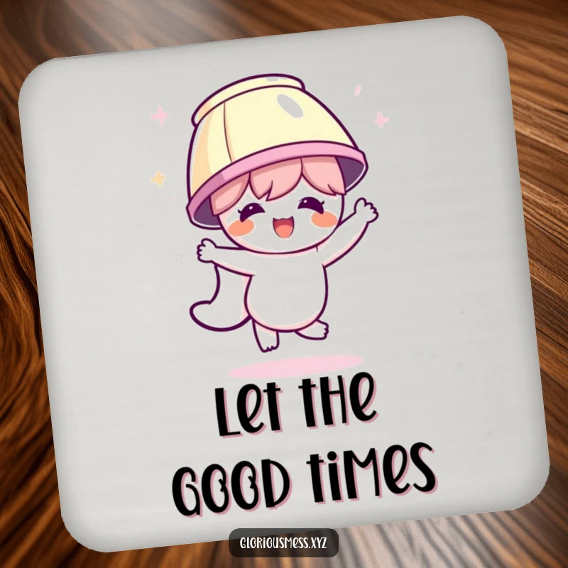 Funny drink coaster with a character wearing a lampshade, dancing enthusiastically, adding a touch of joyful party spirit to your table.