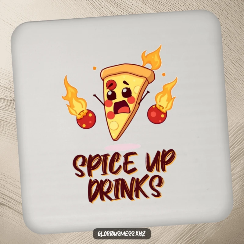 Funny drink coasters depicting a startled pizza slice juggling flaming meatballs, offering a humorous and protective layer for tabletops.