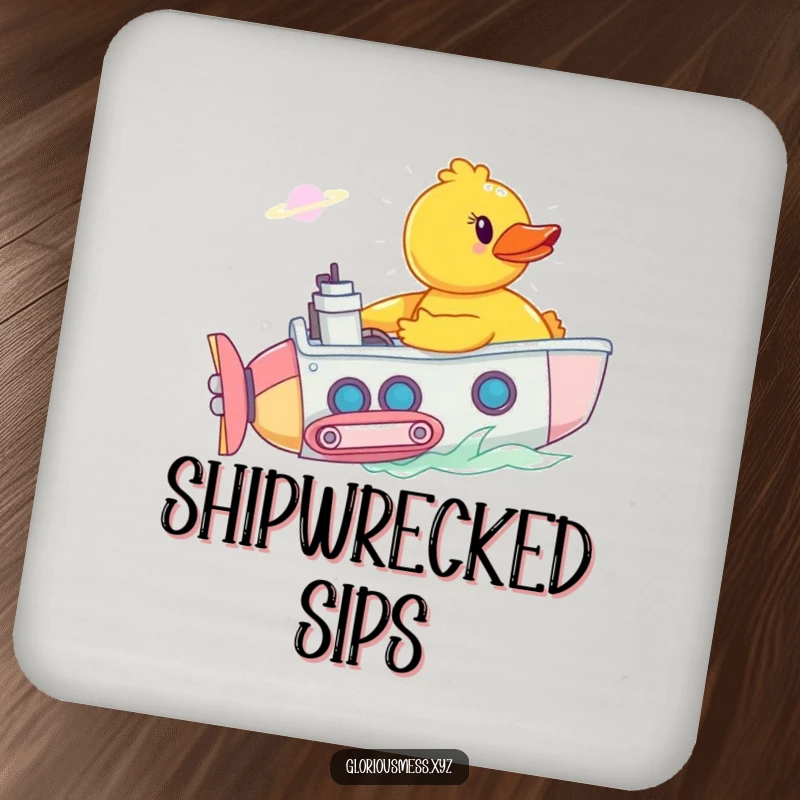 Funny drink coasters with a rubber duck piloting a submarine through a bathtub nebula, offering a humorous and protective layer for tabletops.