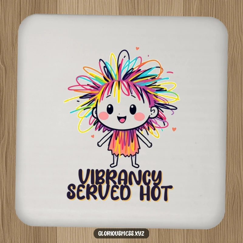 Funny scribble character bursting with colorful energy, a set of coasters showcasing vibrant, artistic, and humorous designs.