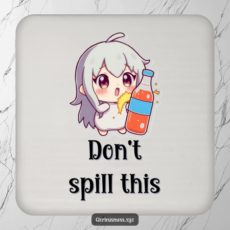 Funny drink coaster with a character wide-eyed in comical alarm as a soda bottle begins to explode, adding a touch of bubbly humor to your table.