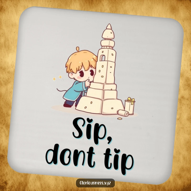 Funny Drink Coasters featuring a collapsing sculpture and a flustered character, protecting surfaces with artistic humor.
