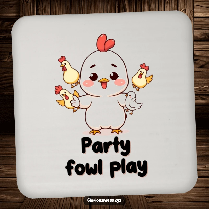 Funny Drink Coaster: Character with ink splatters juggling rubber chickens, protecting tables with humor, a funny gift.