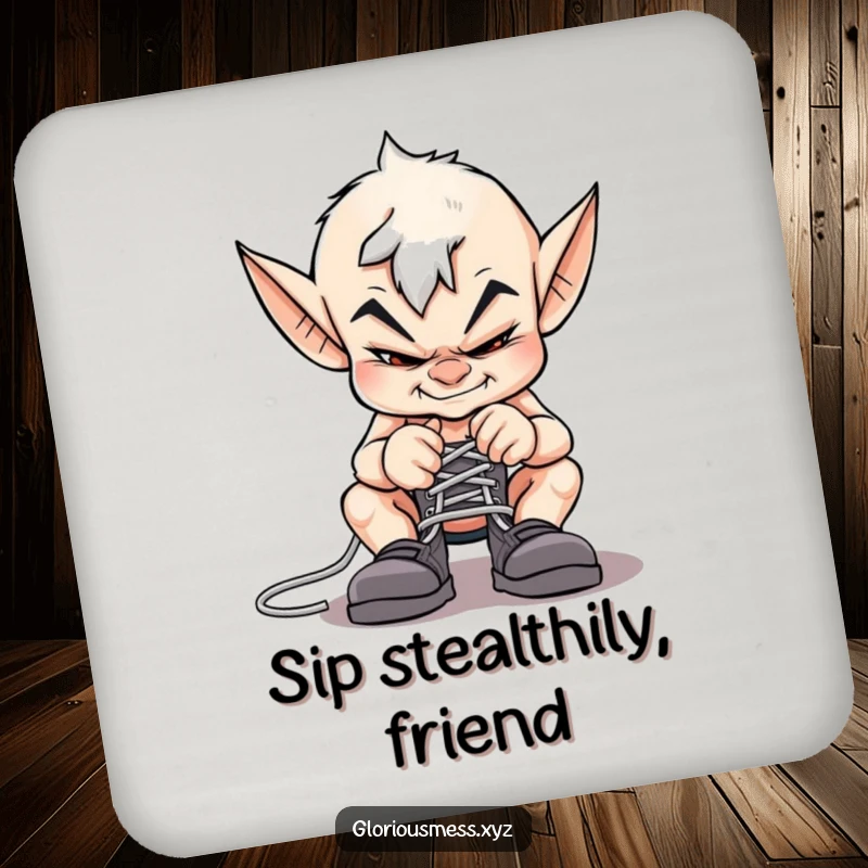 Funny imp coaster with a sly grin, mischievously tying shoelaces together, protecting surfaces.
