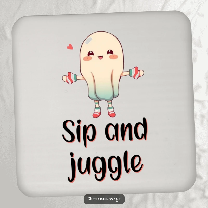 Funny drink coaster with a wobbly jelly character hilariously juggling mismatched socks.