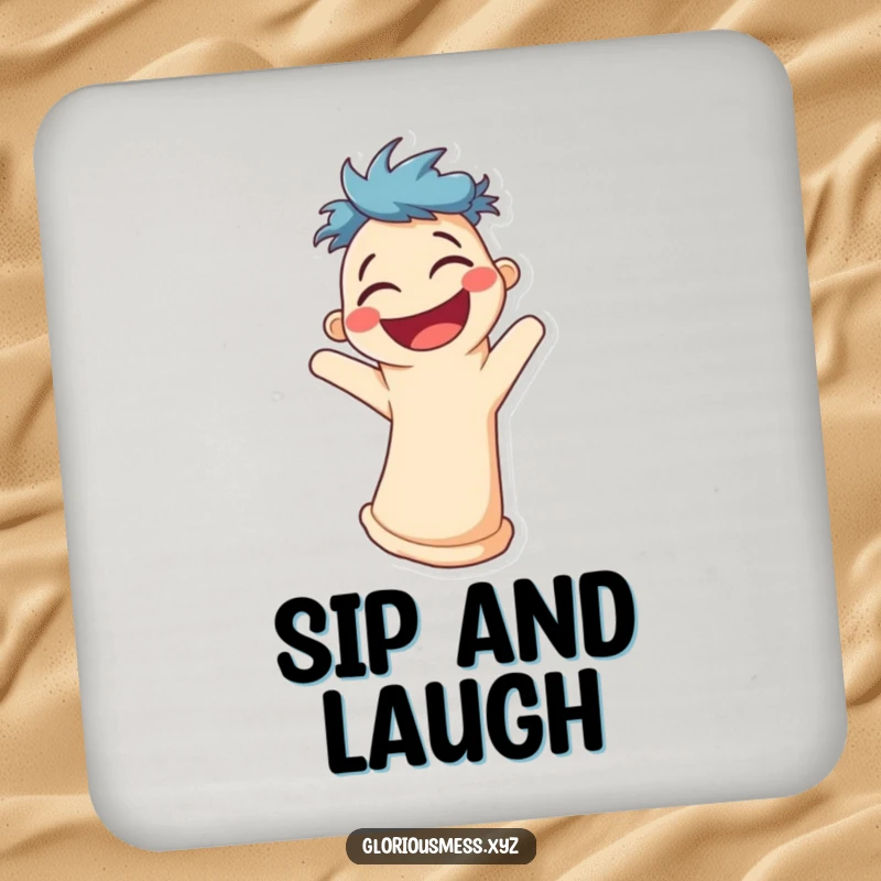 Funny drink coaster with a smiling sock puppet character wiggling uncontrollably with laughter.