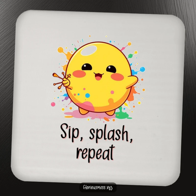 Funny drink coaster featuring a bright yellow blob character enthusiastically splattering colorful paint, protecting surfaces with artistic flair.