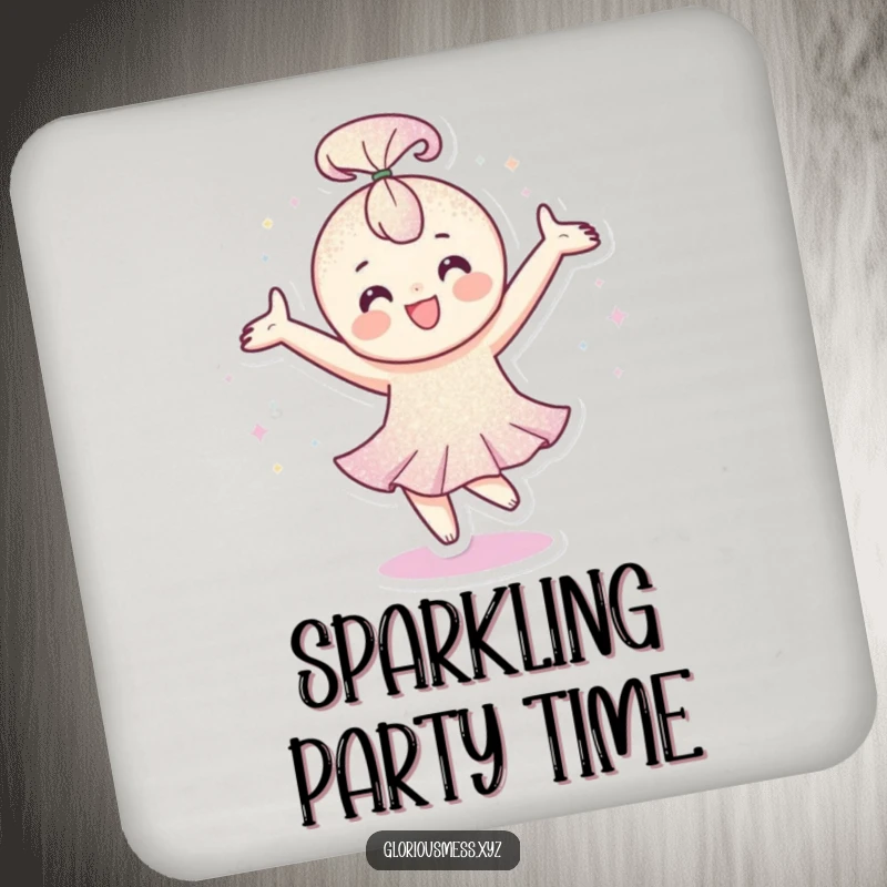 Funny Drink Coaster: Happy character covered in glitter spinning, protecting tables with sparkle, a funny gift.