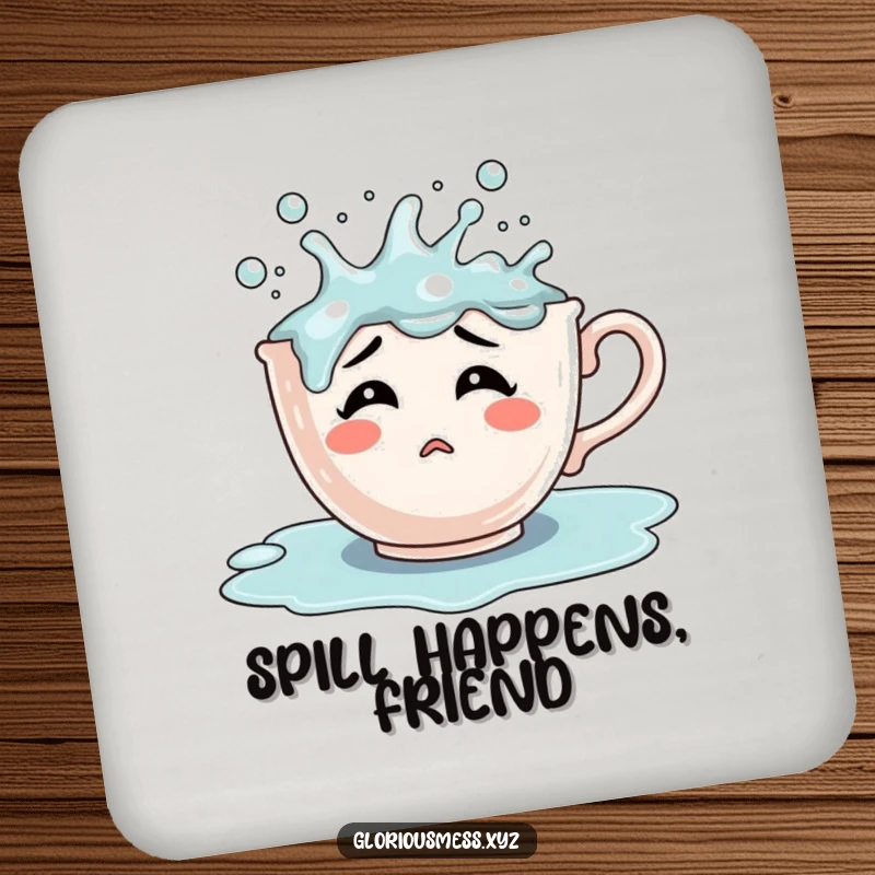 Funny confused teacup character overflowing with bubbling liquid, a set of coasters featuring humorous and charming designs.