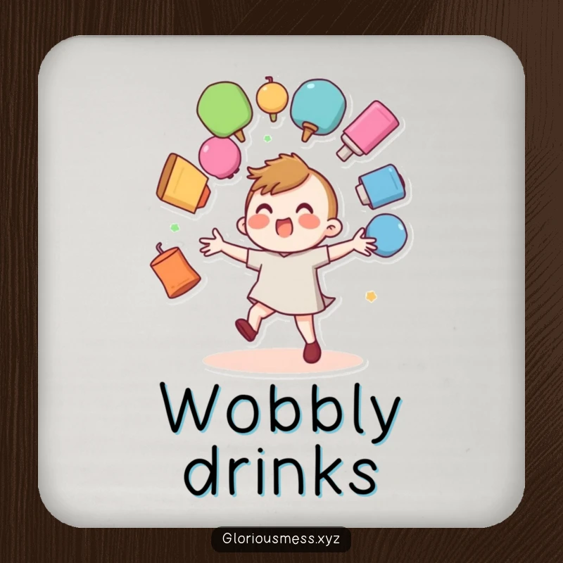 Funny coasters set showing wobbly characters struggling to juggle multiple colorful objects that are about to fall.