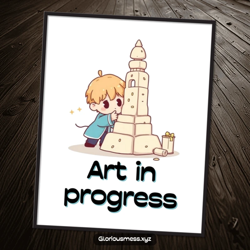 Funny Poster depicting a precarious sculpture crumbling, with a character looking on in humorous disbelief, capturing artistic ambition.