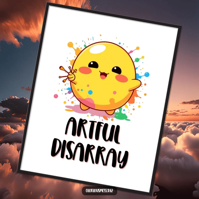 Funny poster depicting a bright yellow blob character enthusiastically splattering vibrant paint across a canvas, capturing chaotic artistic creation.