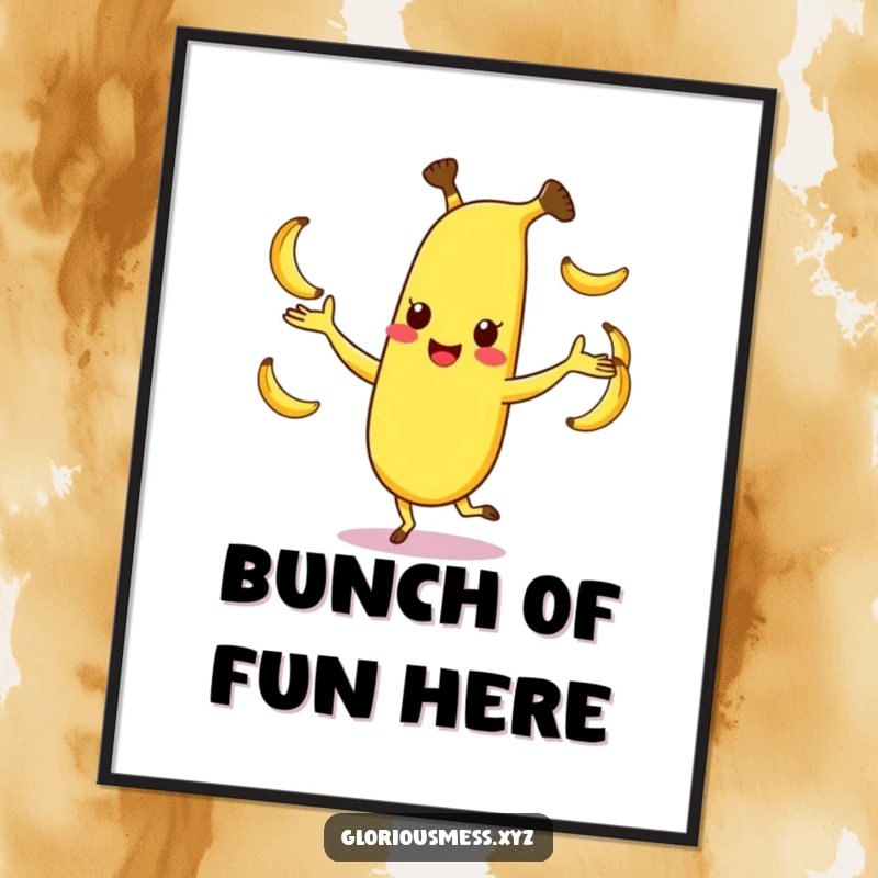 Funny poster featuring a happy, dancing banana character juggling three smaller bananas, bringing vibrant joy and humor, a perfect funny gift.