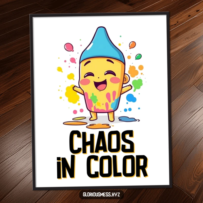 Funny poster art of a giggling crayon character wildly smearing a rainbow of colors, capturing pure artistic delight.