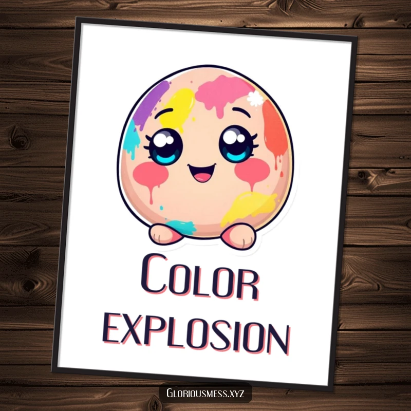 Funny poster with a cheerful, wide-eyed blob character entirely covered in a playful, colorful paint splatter, embodying artistic fun.