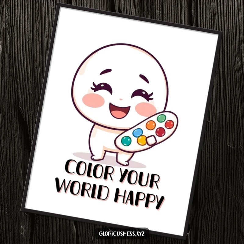 Funny poster featuring a cheerful, smudged paint palette character with a wide smile, bringing artistic joy and humor, a perfect funny gift.