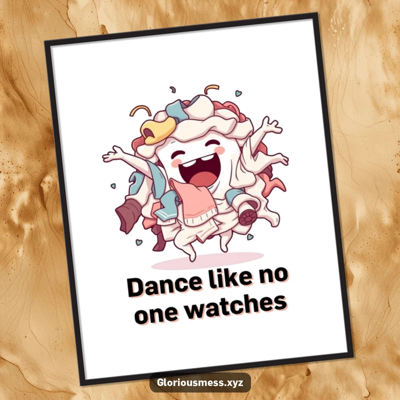 Funny Poster: A sentient pile of laundry humorously performing a wild, energetic, chaotic dance, creating a comical wall art.
