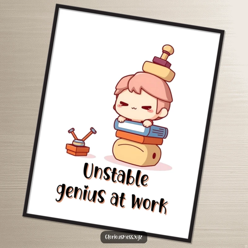 Funny Poster: Art of a mischievous character with a grin balancing a tall, unstable pile of objects, a funny gift.