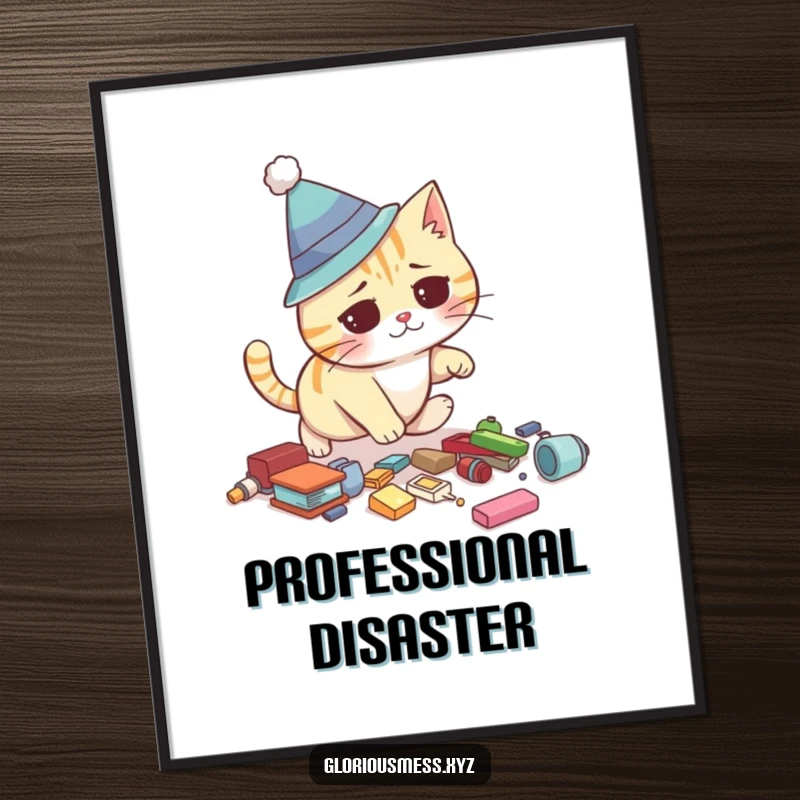 Funny poster depicting a confused cat wearing a silly hat, tripping over scattered objects, adding a touch of humor to any room.