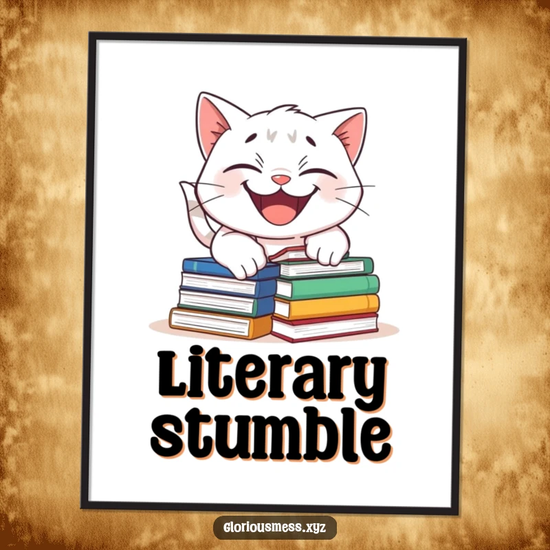 Funny poster showing a grinning cat stumbling over a pile of books, capturing a moment of humorous literary disaster.