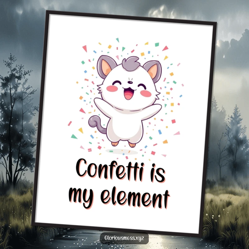 Funny Poster depicting a creature ecstatically celebrating a dynamic explosion of colorful confetti, adding joy to any wall.