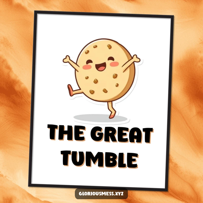 Funny poster art of a happy, lopsided cookie enthusiastically performing a cartwheel, capturing a moment of pure baked delight.