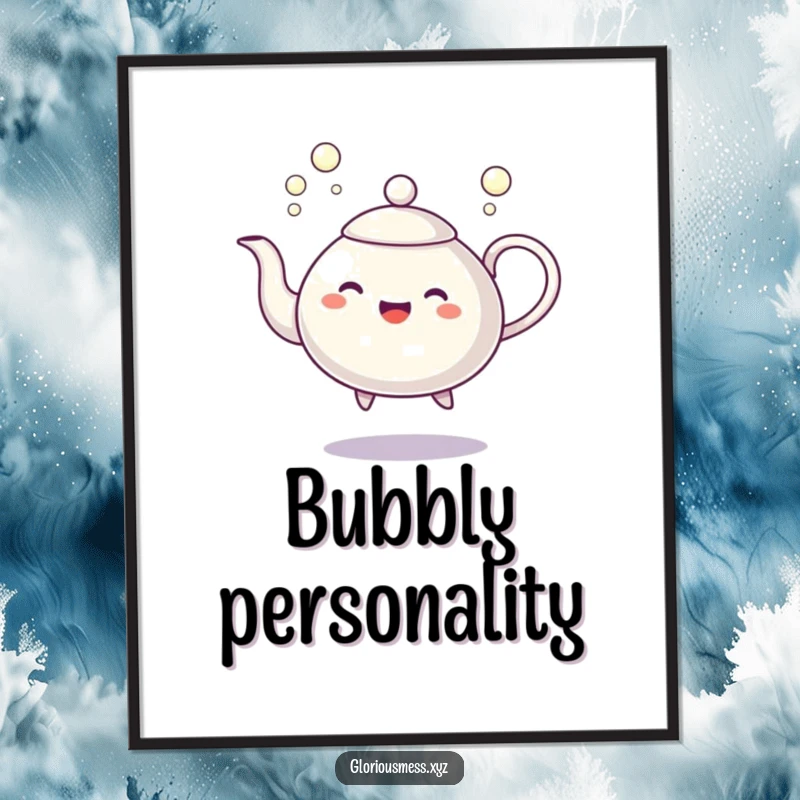 Funny poster showcasing a dancing teapot character spilling a stream of cheerful bubbles, celebrating joy and playful moments.