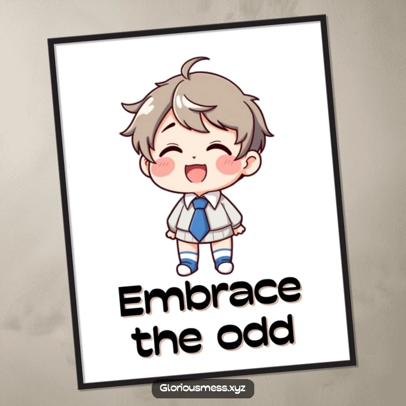 Funny Poster: Art of a giggling character wearing mismatched socks and a crooked tie, a funny gift.